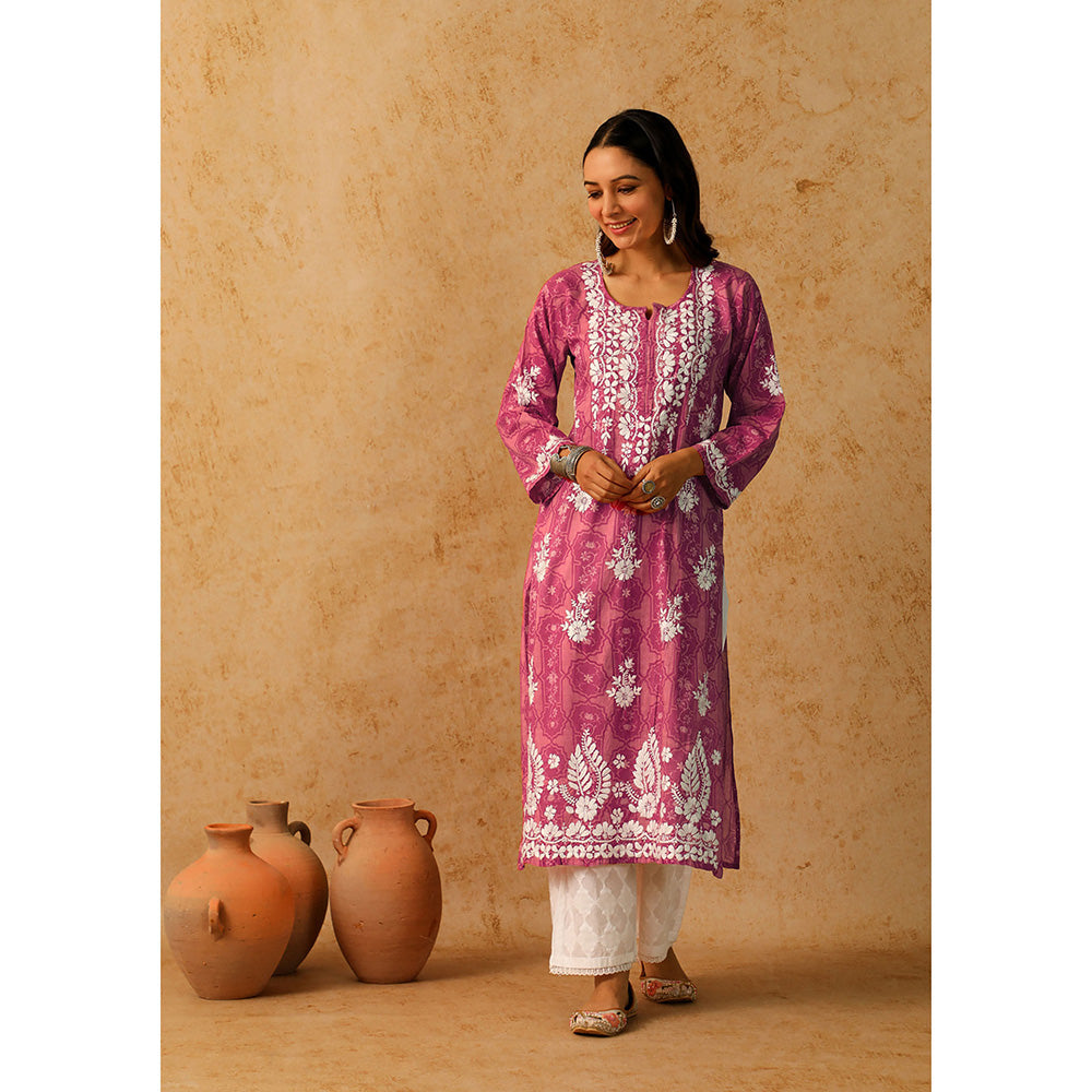 House of Chikankari Mulmul Chikankari Floral Women's Long Kurta - Pink