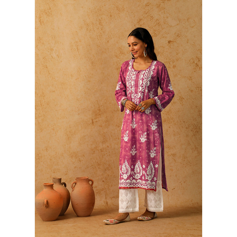 House of Chikankari Mulmul Chikankari Floral Women's Long Kurta - Pink