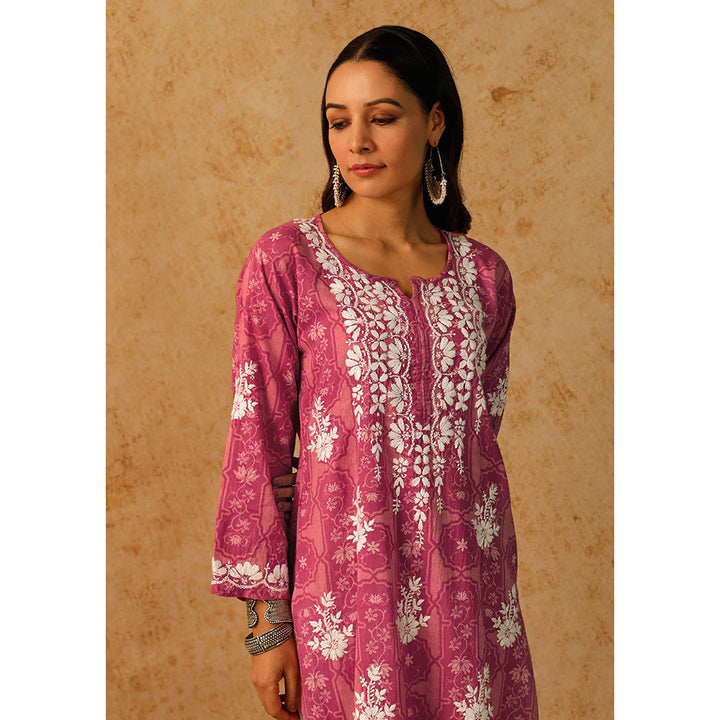 House of Chikankari Mulmul Chikankari Floral Women's Long Kurta - Pink