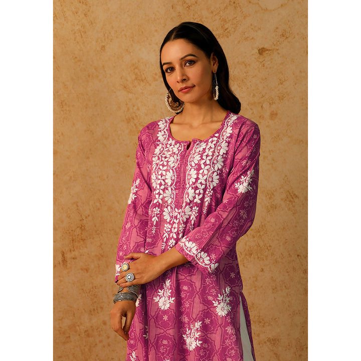 House of Chikankari Mulmul Chikankari Floral Women's Long Kurta - Pink