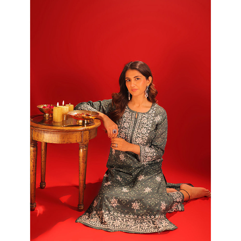 House of Chikankari Meher Mulmul Chikankari Printed Women Long Kurta and Pants (Set of 2)
