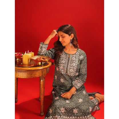 House of Chikankari Meher Mulmul Chikankari Printed Women Long Kurta and Pants (Set of 2)