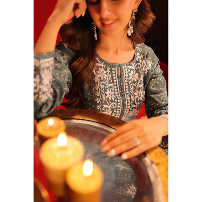 House of Chikankari Meher Mulmul Chikankari Printed Women Long Kurta and Pants (Set of 2)