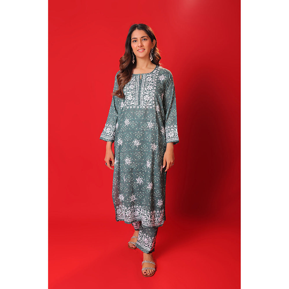 House of Chikankari Meher Mulmul Chikankari Printed Women Long Kurta and Pants (Set of 2)