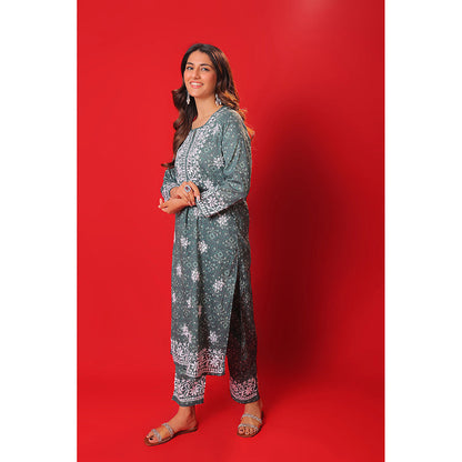 House of Chikankari Meher Mulmul Chikankari Printed Women Long Kurta and Pants (Set of 2)