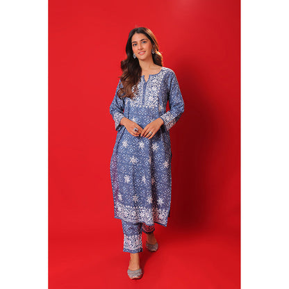 House of Chikankari Meher Mulmul Chikankari Printed Women Long Kurta and Pants (Set of 2)