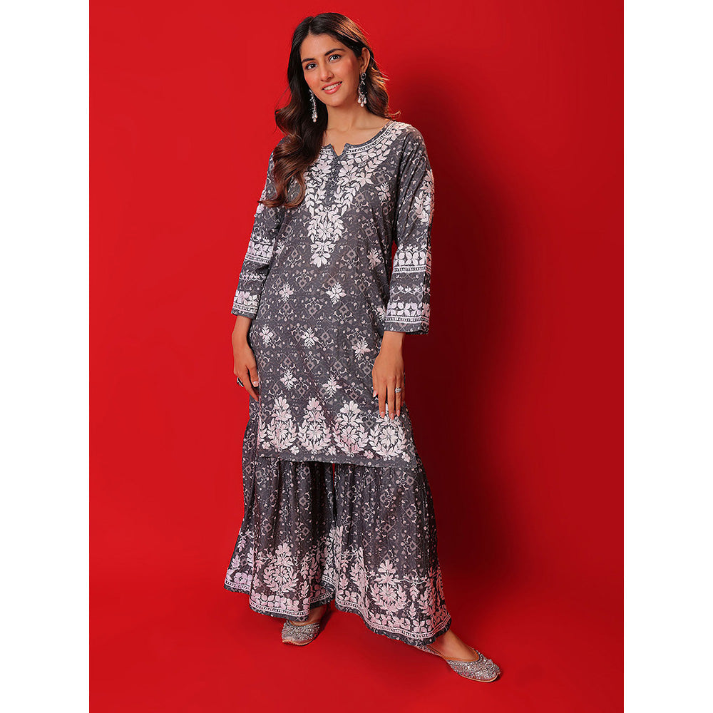 House of Chikankari Meher Mulmul Chikankari Printed Women Short Kurta with Gharara (Set of 2)