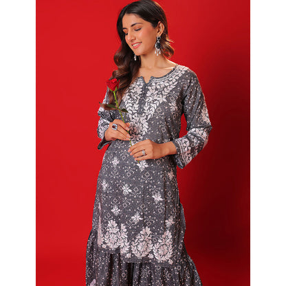 House of Chikankari Meher Mulmul Chikankari Printed Women Short Kurta with Gharara (Set of 2)