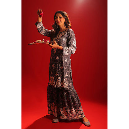 House of Chikankari Meher Mulmul Chikankari Printed Women Short Kurta with Gharara (Set of 2)