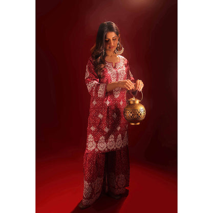 House of Chikankari Meher Mulmul Chikankari Printed Women Short Kurta with Gharara (Set of 2)