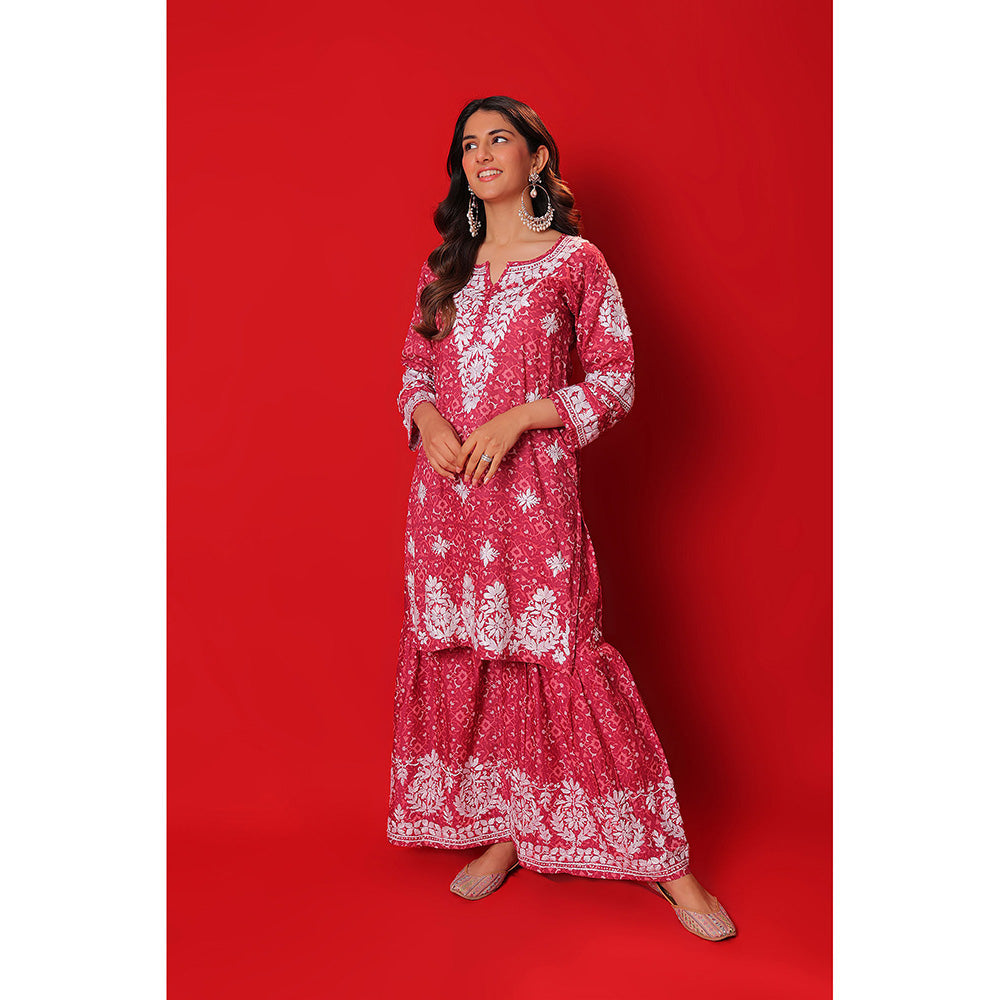 House of Chikankari Meher Mulmul Chikankari Printed Women Short Kurta with Gharara (Set of 2)