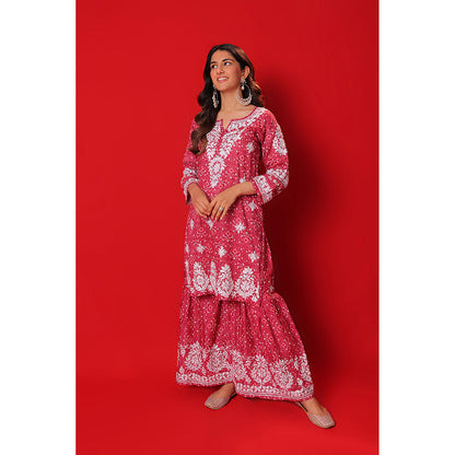 House of Chikankari Meher Mulmul Chikankari Printed Women Short Kurta with Gharara (Set of 2)