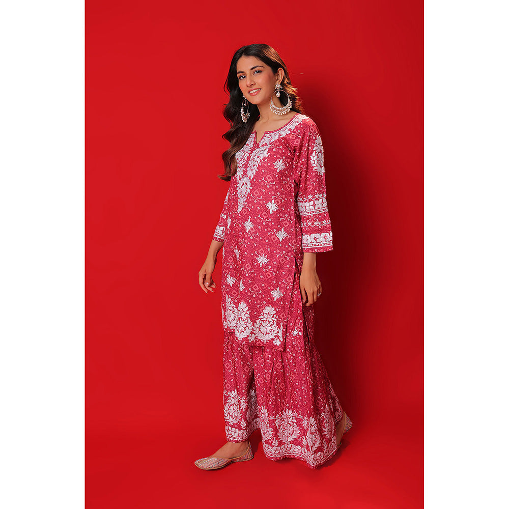 House of Chikankari Meher Mulmul Chikankari Printed Women Short Kurta with Gharara (Set of 2)