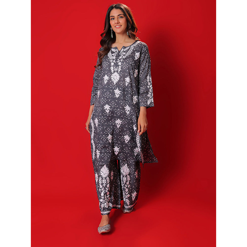 House of Chikankari Meher Mulmul Chikankari Printed Women Short Kurta and Palazzo (Set of 2)