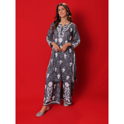 House of Chikankari Meher Mulmul Chikankari Printed Women Short Kurta and Palazzo (Set of 2)