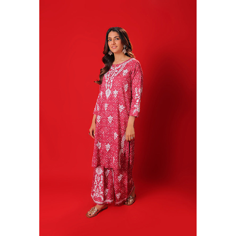 House of Chikankari Meher Mulmul Chikankari Printed Women Short Kurta Pink (Set of 2)