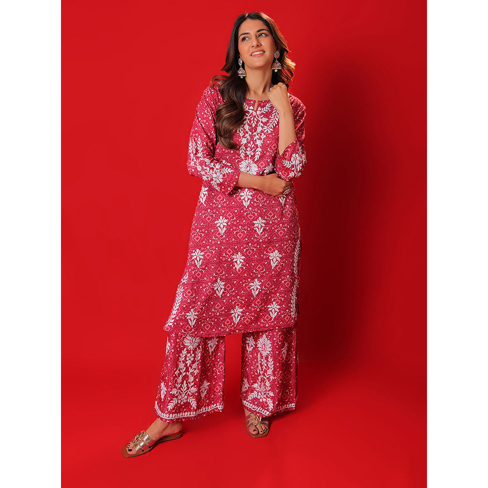 House of Chikankari Meher Mulmul Chikankari Printed Women Short Kurta Pink (Set of 2)