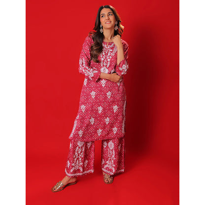 House of Chikankari Meher Mulmul Chikankari Printed Women Short Kurta Pink (Set of 2)