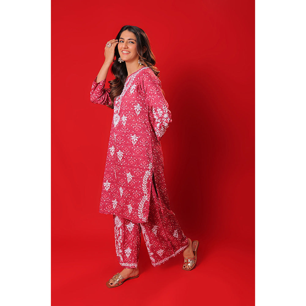 House of Chikankari Meher Mulmul Chikankari Printed Women Short Kurta Pink (Set of 2)
