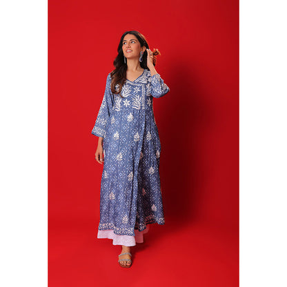 House of Chikankari Meher Mulmul Chikankari Printed Women Angrakha Blue