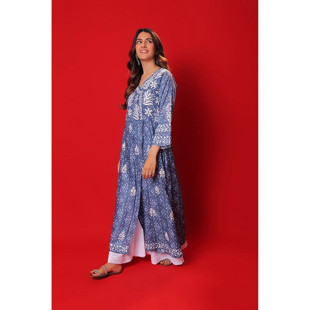 House of Chikankari Meher Mulmul Chikankari Printed Women Angrakha Blue