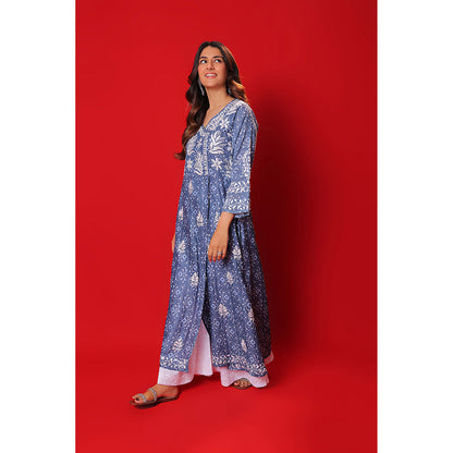 House of Chikankari Meher Mulmul Chikankari Printed Women Angrakha Blue