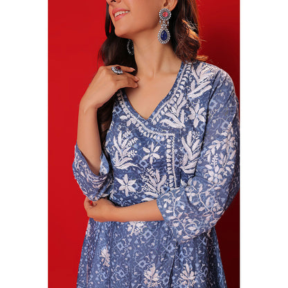 House of Chikankari Meher Mulmul Chikankari Printed Women Angrakha Blue