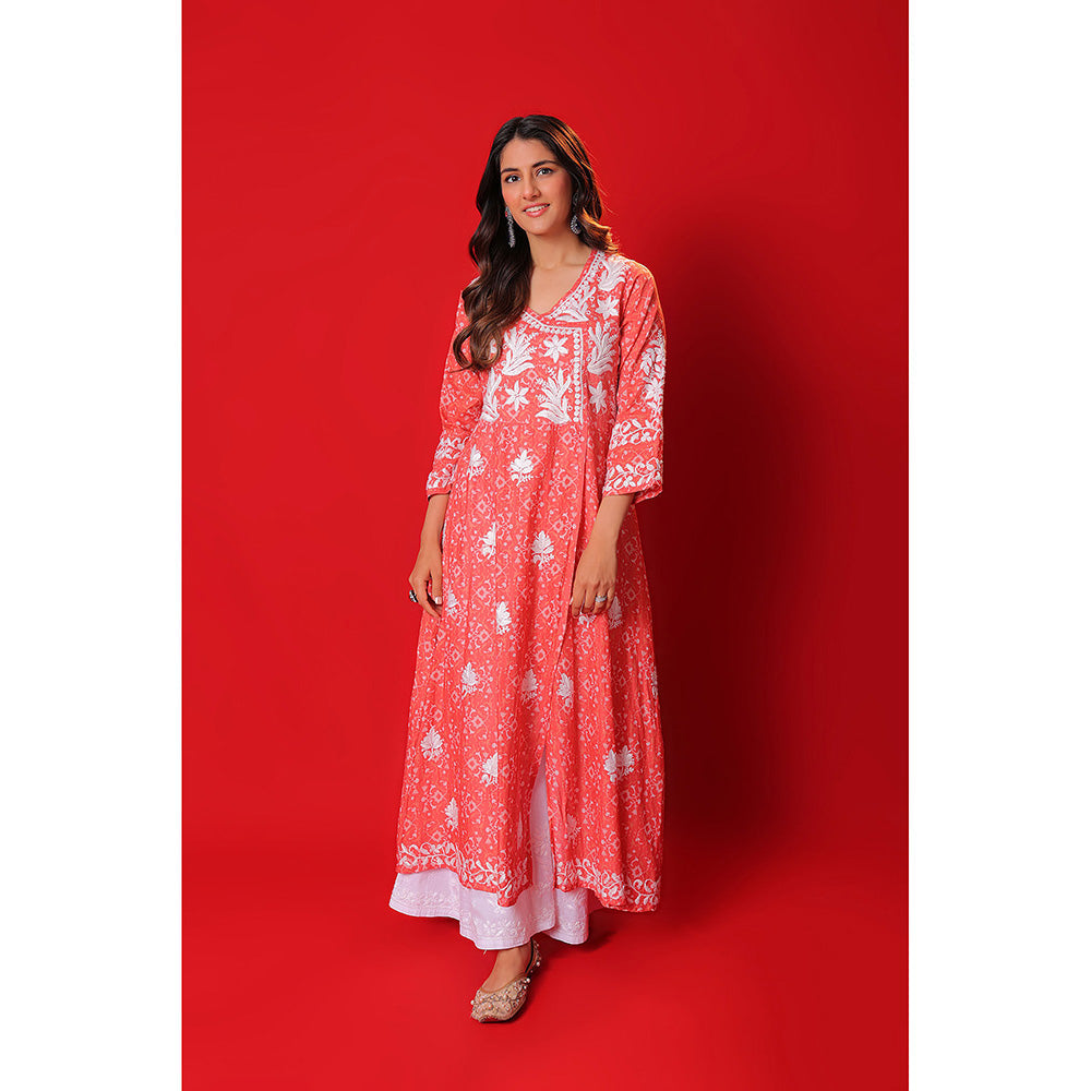 House of Chikankari Meher Mulmul Chikankari Printed Women Angrakha Orange