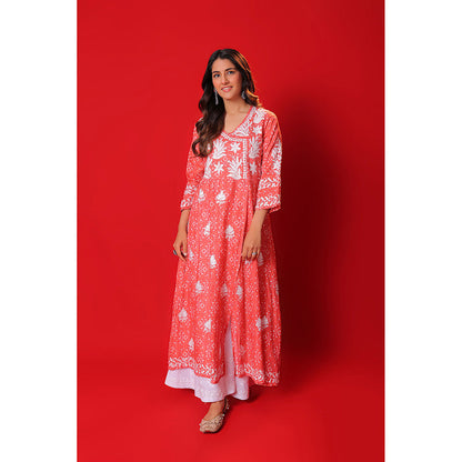 House of Chikankari Meher Mulmul Chikankari Printed Women Angrakha Orange