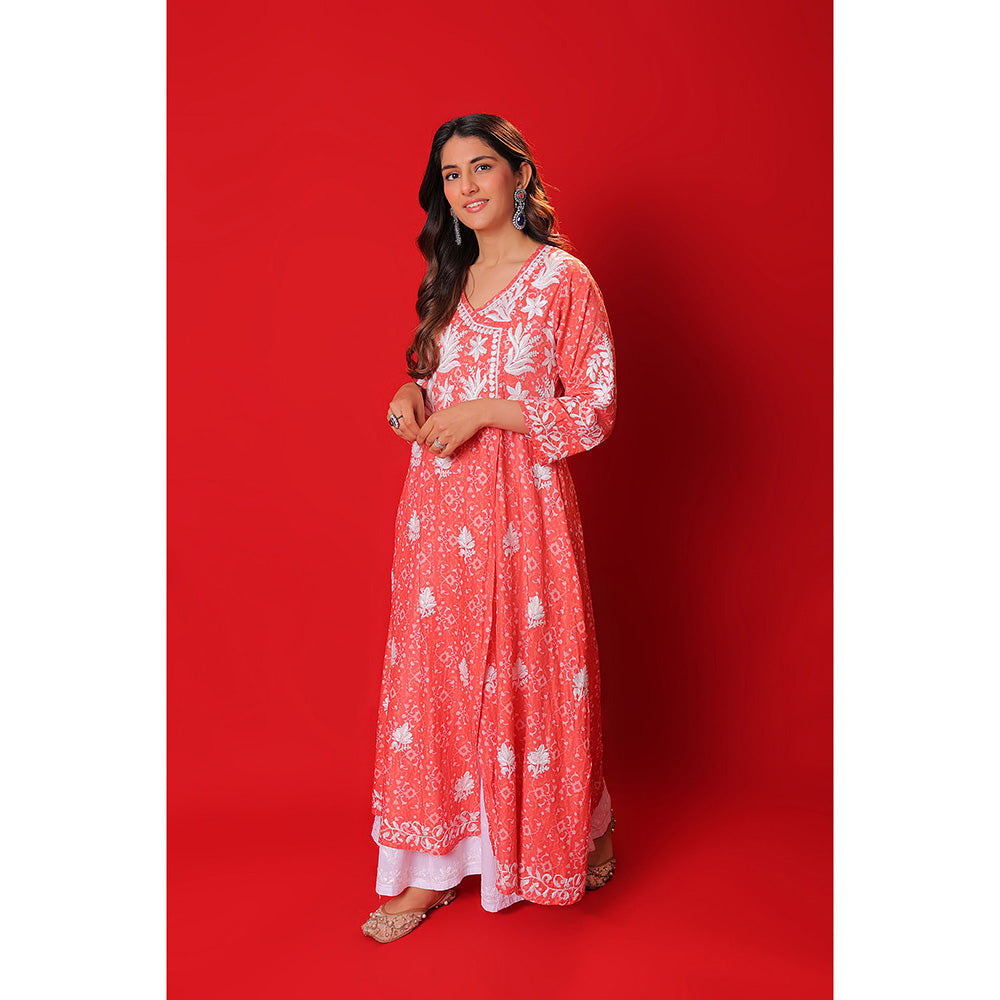 House of Chikankari Meher Mulmul Chikankari Printed Women Angrakha Orange