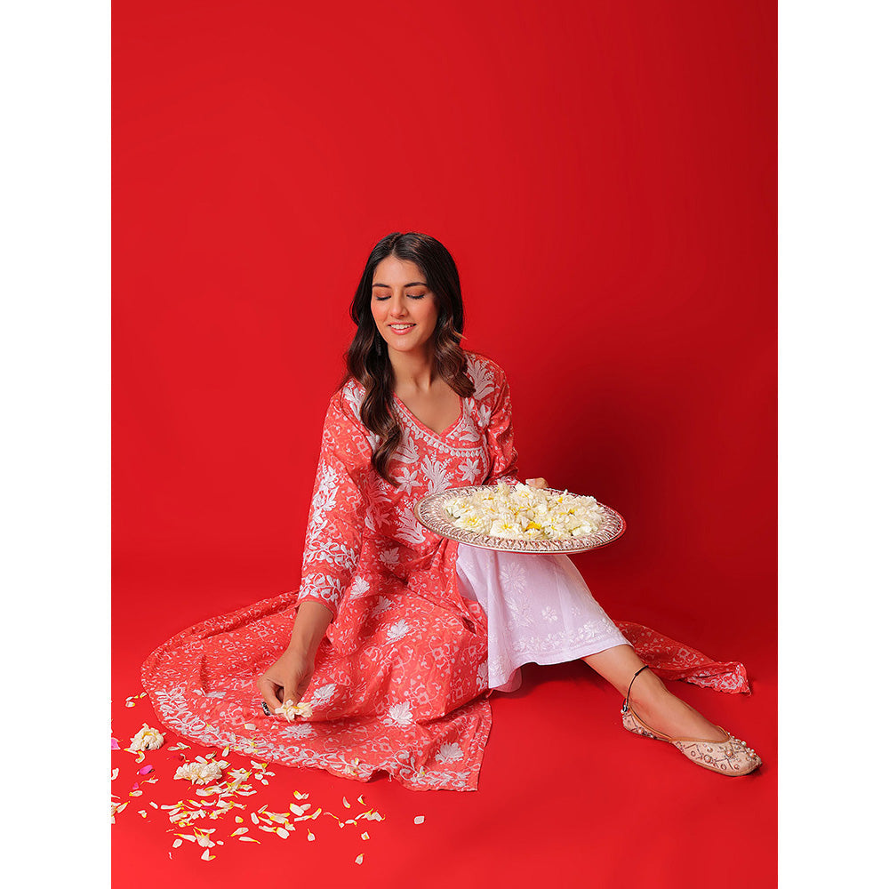 House of Chikankari Meher Mulmul Chikankari Printed Women Angrakha Orange