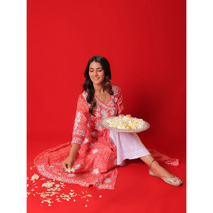 House of Chikankari Meher Mulmul Chikankari Printed Women Angrakha Orange