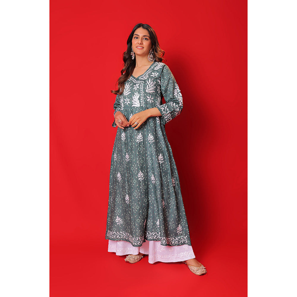 House of Chikankari Meher Mulmul Chikankari Printed Women Angrakha Green