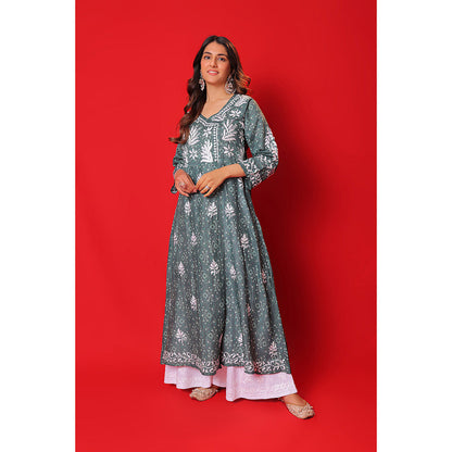 House of Chikankari Meher Mulmul Chikankari Printed Women Angrakha Green