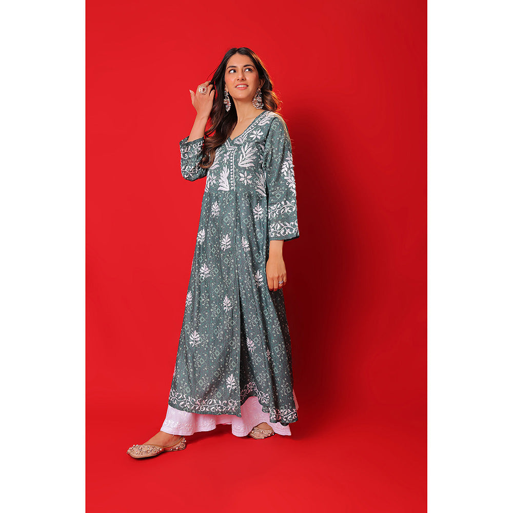 House of Chikankari Meher Mulmul Chikankari Printed Women Angrakha Green