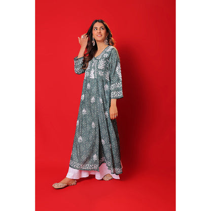 House of Chikankari Meher Mulmul Chikankari Printed Women Angrakha Green