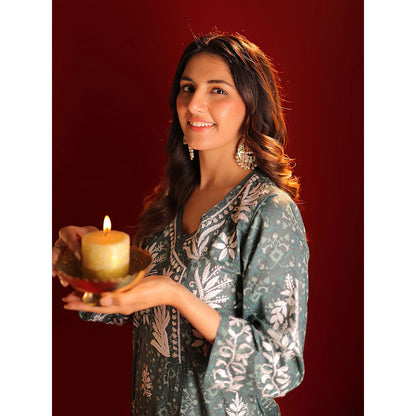 House of Chikankari Meher Mulmul Chikankari Printed Women Angrakha Green