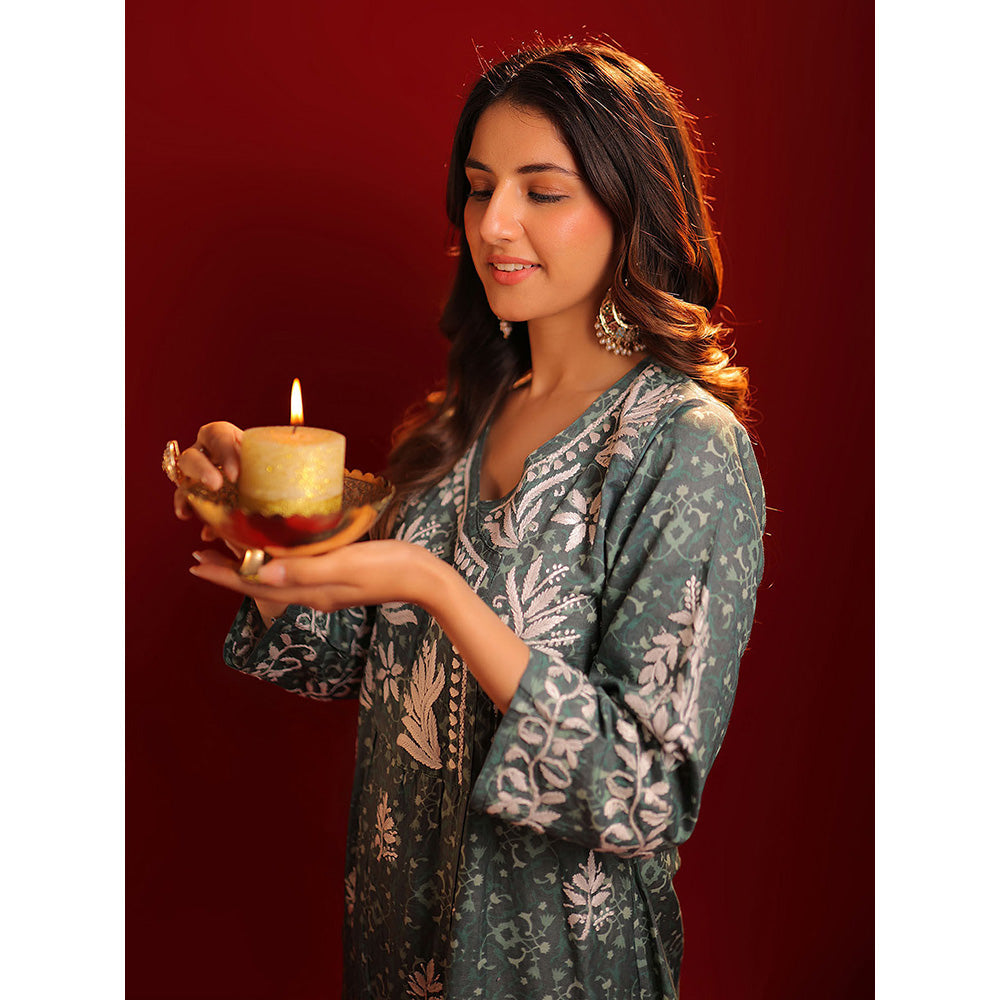 House of Chikankari Meher Mulmul Chikankari Printed Women Angrakha Green
