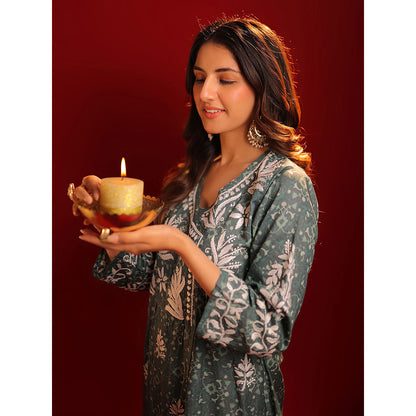 House of Chikankari Meher Mulmul Chikankari Printed Women Angrakha Green