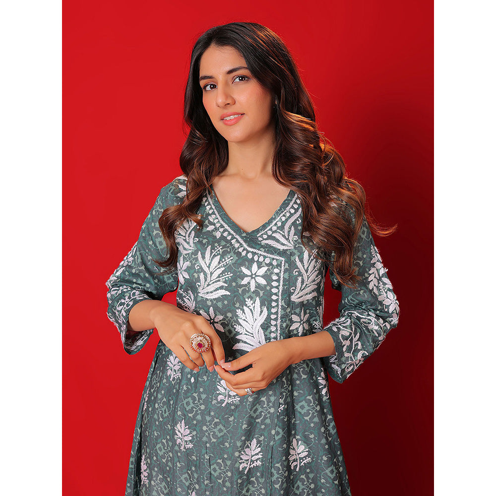 House of Chikankari Meher Mulmul Chikankari Printed Women Angrakha Green