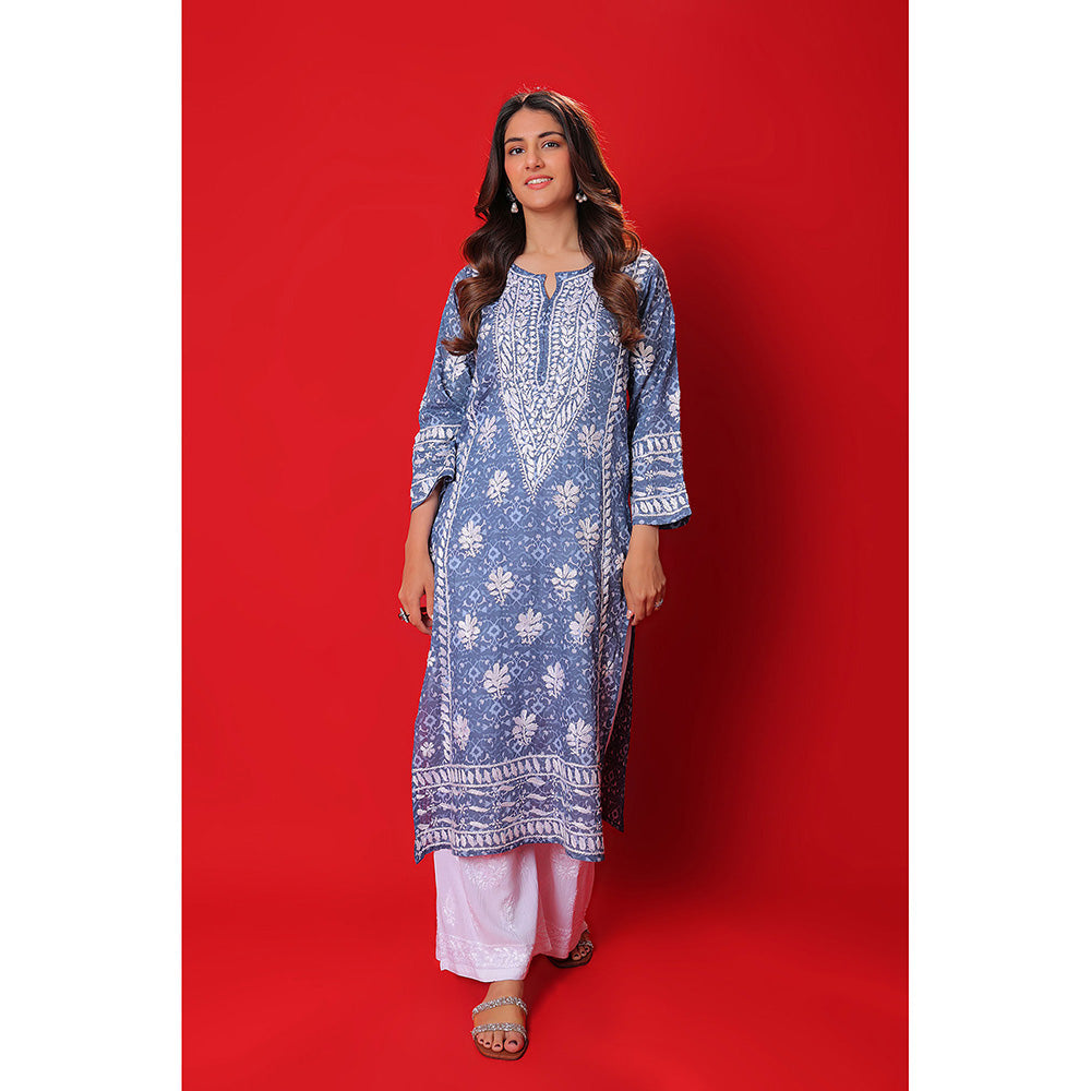 House of Chikankari Meher Mulmul Chikankari Printed Women Long Kurta Blue