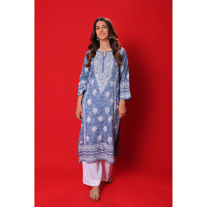 House of Chikankari Meher Mulmul Chikankari Printed Women Long Kurta Blue