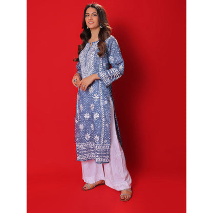 House of Chikankari Meher Mulmul Chikankari Printed Women Long Kurta Blue