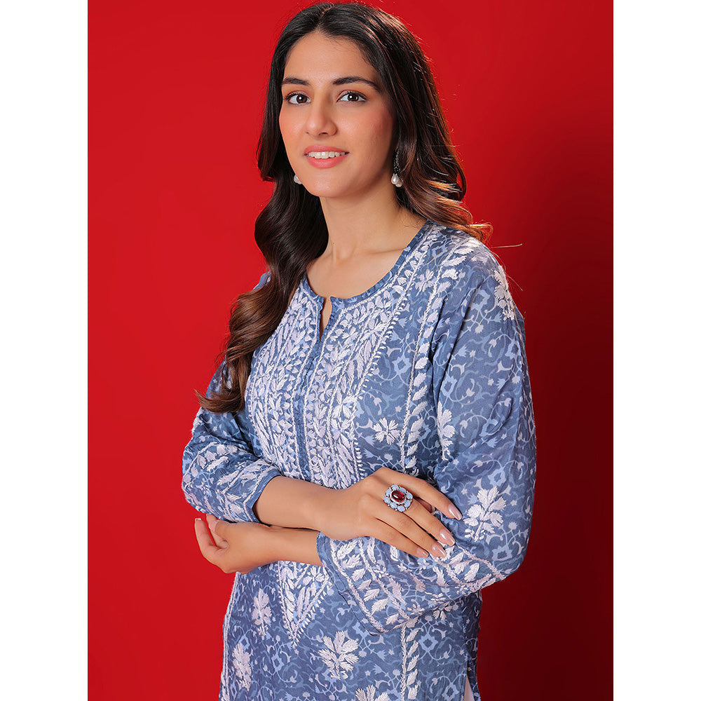 House of Chikankari Meher Mulmul Chikankari Printed Women Long Kurta Blue
