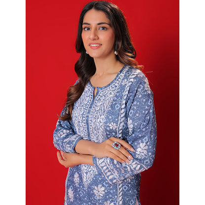 House of Chikankari Meher Mulmul Chikankari Printed Women Long Kurta Blue