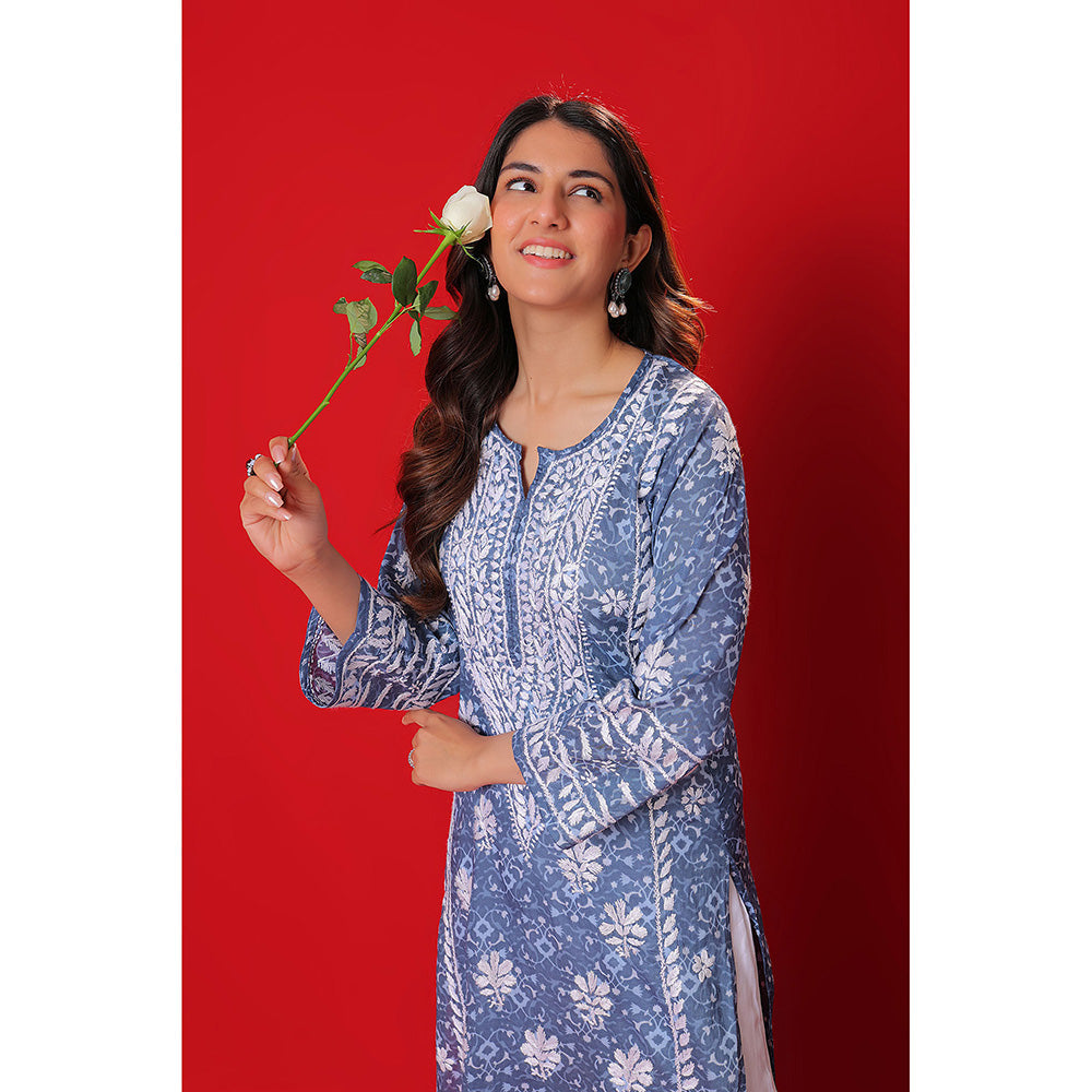 House of Chikankari Meher Mulmul Chikankari Printed Women Long Kurta Blue