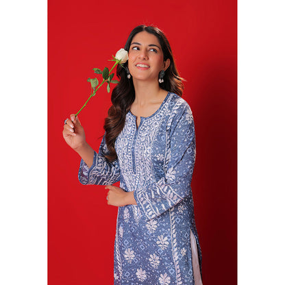House of Chikankari Meher Mulmul Chikankari Printed Women Long Kurta Blue