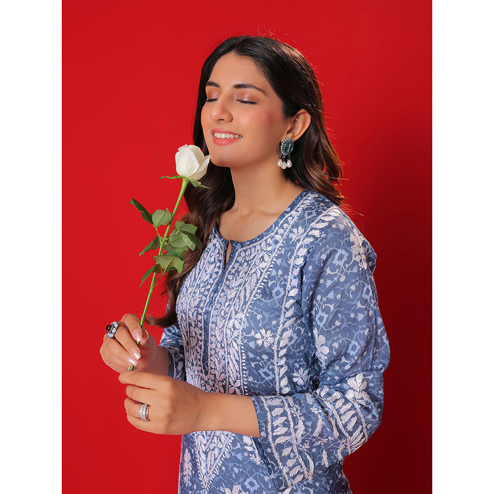 House of Chikankari Meher Mulmul Chikankari Printed Women Long Kurta Blue