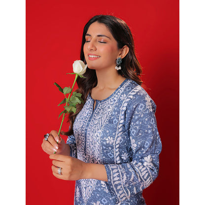 House of Chikankari Meher Mulmul Chikankari Printed Women Long Kurta Blue