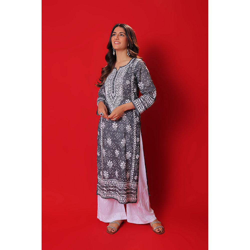 House of Chikankari Meher Mulmul Chikankari Printed Women Long Kurta Green